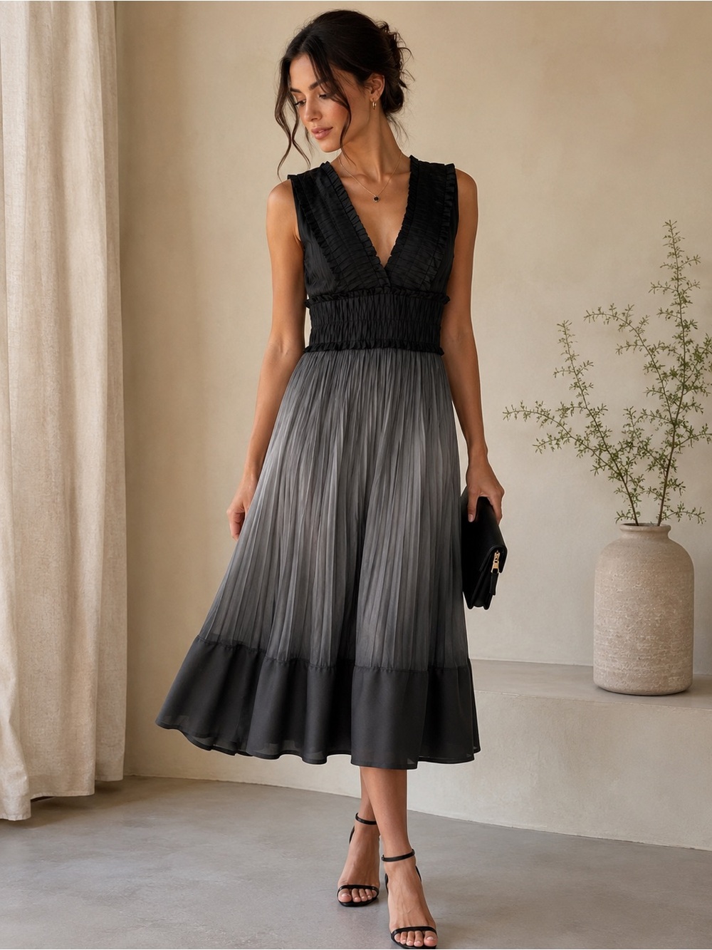 Zara Woman 100% Silk Ombré Pleated Midi Dress | Medium | Black & Gray